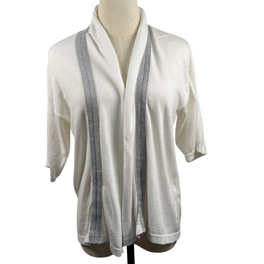 Zenergy by Chicos 0 Small White Cotton Open Front Cardigan Grey Stripe Soft Girl